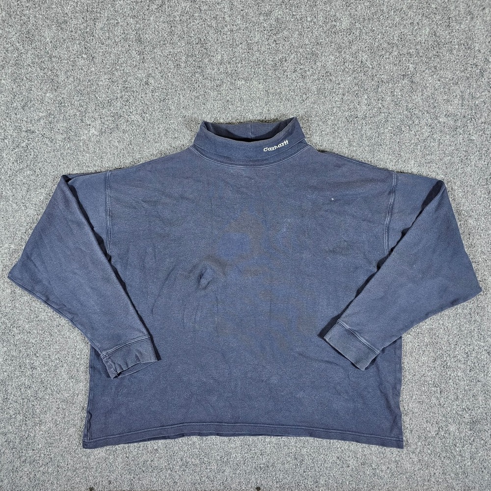 90s Y2K Carhartt Mock Neck Graphic Pullover Sweatshirt Blue Mens Size L Boxy Fit